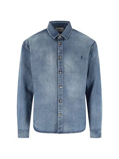 Saint Laurent Cassandre Denim Shirt In Blue