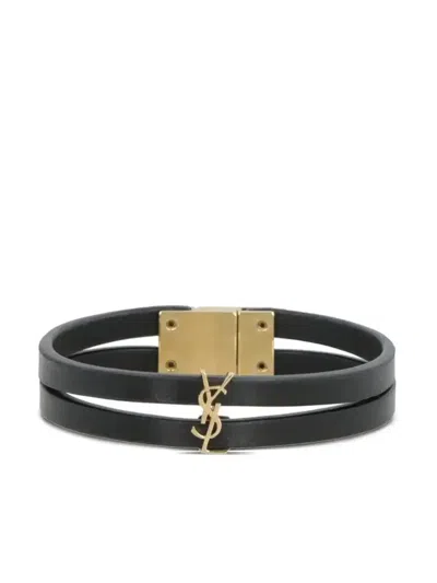Saint Laurent Cassandre Double-strand Leather Bracelet In Black