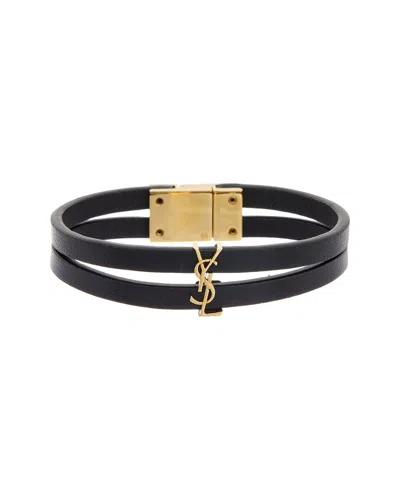 Saint Laurent Cassandre Double Strand Leather Bracelet In Black