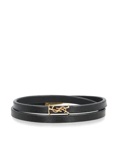 Saint Laurent Cassandre Double Wrap Bracelet In Leather And Metal Accessories In Black