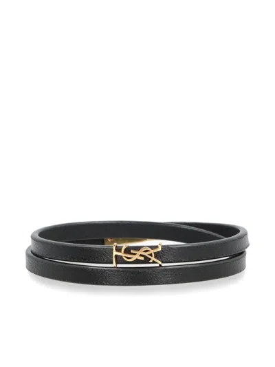 SAINT LAURENT CASSANDRE DOUBLE WRAP BRACELET IN LEATHER AND METAL