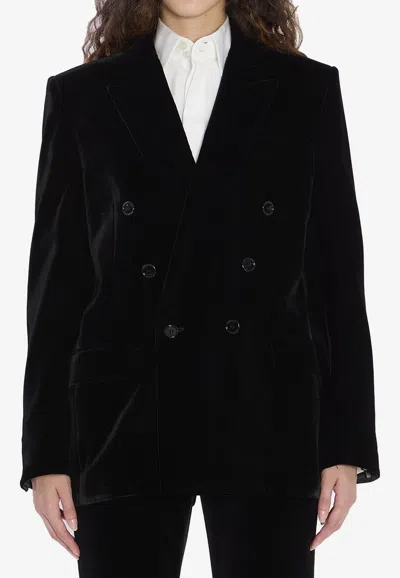 Saint Laurent Cassandre Double-breasted Velvet Blazer In Black