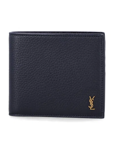 Saint Laurent Cassandre East/west Wallet In Grain De Poudre Leather In Blue