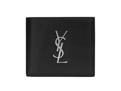 Pre-owned Saint Laurent Cassandre East/west Wallet Silver Logo In Black