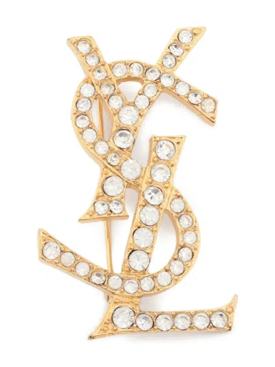 Pre-owned Saint Laurent Cassandre Embellished Brooch In Gold