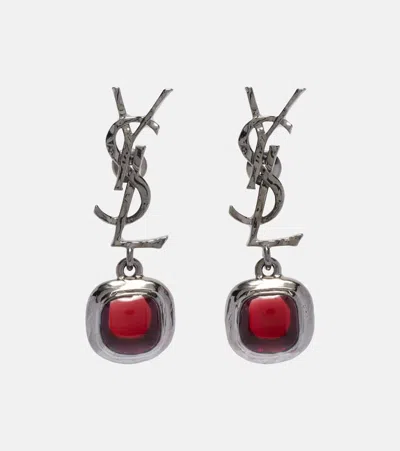 Saint Laurent Cassandre Embellished Drop Earrings In Silver