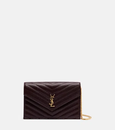 Saint Laurent Cassandre Embellished Leather Wallet On Chain In Burgundy