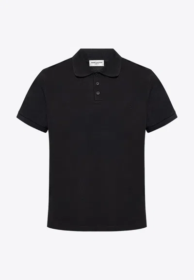 Saint Laurent Cassandre Embroidered Boxy Polo T-shirt In Black