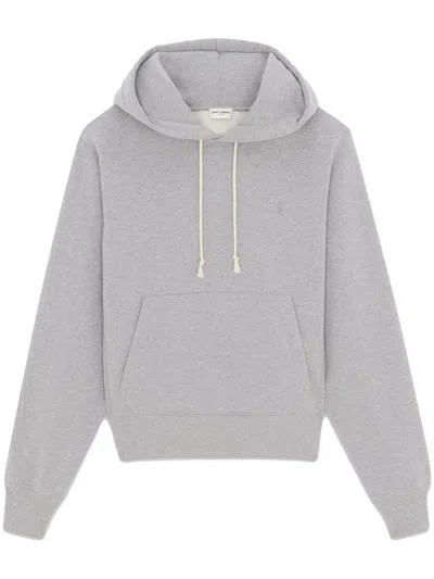 Saint Laurent Logo-embroidered Hooded Cotton Sweatshirt In Grey