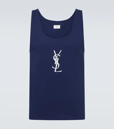 Saint Laurent Cassandre Embroidered Cotton Tank Top In Blue