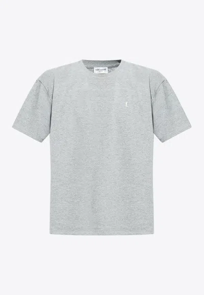 Saint Laurent Cassandre Embroidered Crewneck T-shirt In Gray