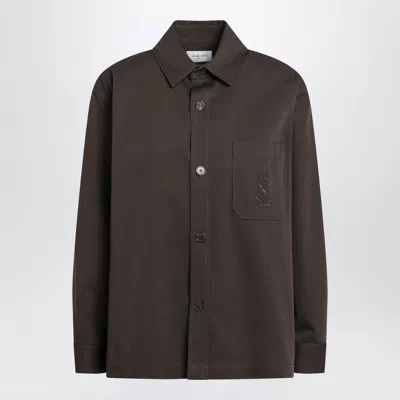 Saint Laurent Oversized Cotton Shirt With Classic Collar And Logo Chest Pocket In Brown