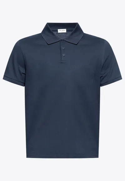 Saint Laurent Cassandre Embroidered Polo T-shirt In Navy