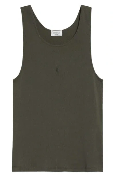 Saint Laurent Cassandre Embroidered Rib Tank In Brown