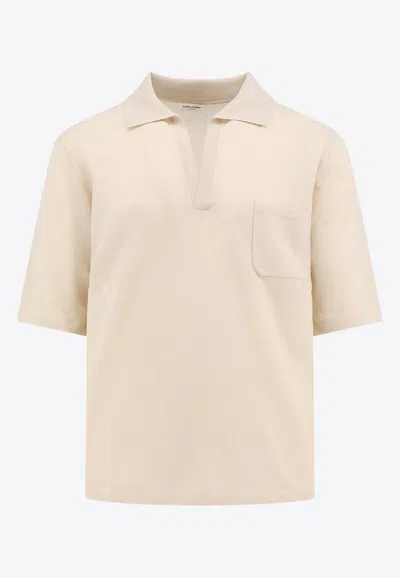 Saint Laurent Cassandre-embroidered Wool Polo T-shirt In Neutral