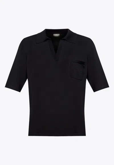 Saint Laurent Cassandre Embroidered Wool Polo T-shirt In Black