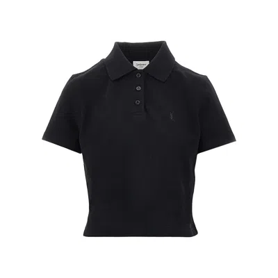 Saint Laurent Cassandre Embroidery Cropped Polo Shirt In Black