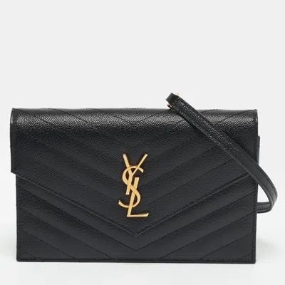 Pre-owned Saint Laurent Cassandre Envelope Black Matelassé Leather Wallet On Chain