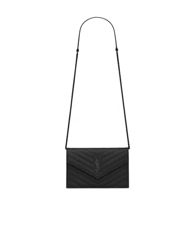 Saint Laurent Cassandre Chevron-quilted Chain Clutch Bag In Black