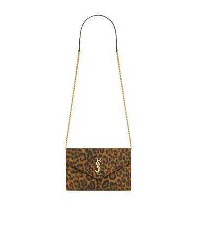Saint Laurent Cassandre Envelope Chain Wallet In Canvas In Brown