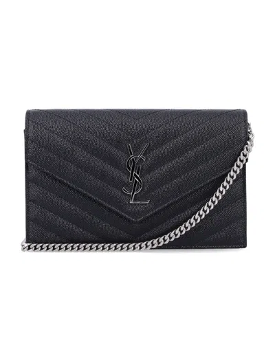 Saint Laurent Cassandre Envelope Chain Wallet In Grain De Poudre Leather In Black