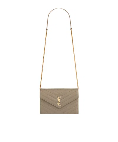Saint Laurent Cassandre Envelope Chain Wallet In Grain De Poudre Leather In Brown