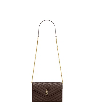 Saint Laurent Cassandre Envelope Chain Wallet In Lambskin In Arabica