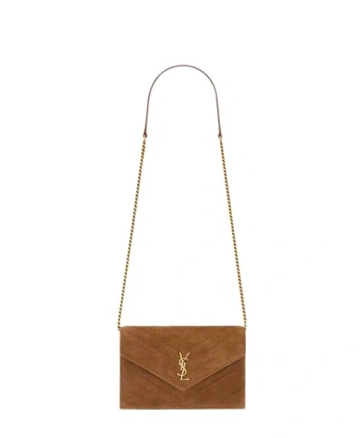 Saint Laurent Cassandre Envelope Chain Wallet In Suede In Caramel Cognac