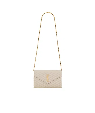 Saint Laurent Cassandre Envelope Leather Chain Wallet In Nude