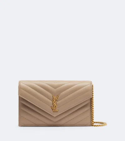 Saint Laurent Cassandre Envelope Leather Wallet On Chain In Beige