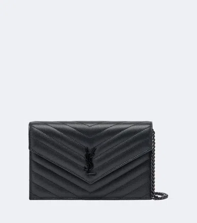 Saint Laurent Cassandre Envelope Leather Wallet On Chain In Black