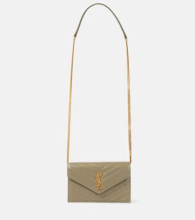Saint Laurent Cassandre Envelope Leather Wallet On Chain In Green