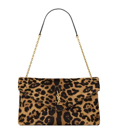 Saint Laurent Cassandre Envelope Leopard Chain Wallet In Brown
