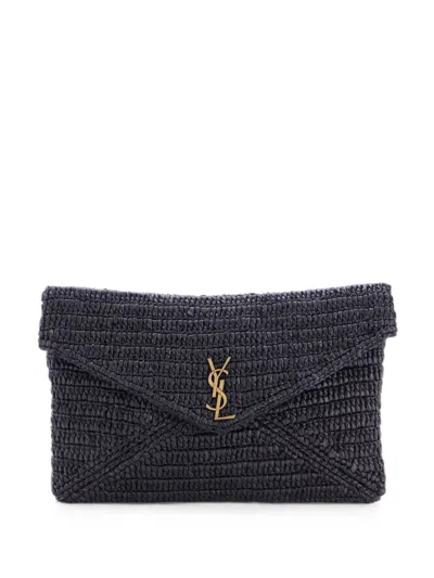 Pre-owned Saint Laurent Cassandre Envelope Raffia Large Clutch Bag In Black
