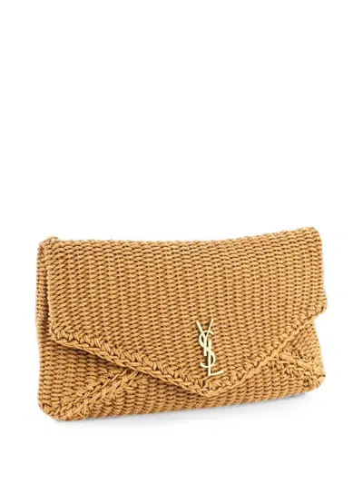 Pre-owned Saint Laurent Cassandre Envelope Raffia Large Clutch Bag In Brown