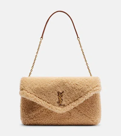 Saint Laurent Cassandre Envelope Shearling Shoulder Bag In Sand