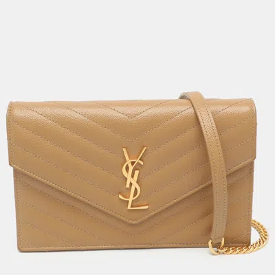 Pre-owned Saint Laurent Cassandre Envelope Tan Leather Wallet On Chain In Brown
