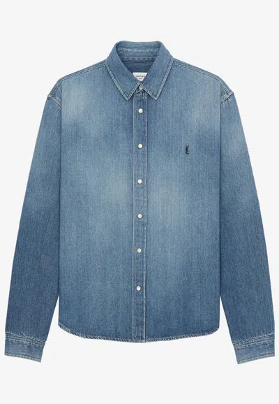 Saint Laurent Cassandre Faded Denim Shirt In Animal Print