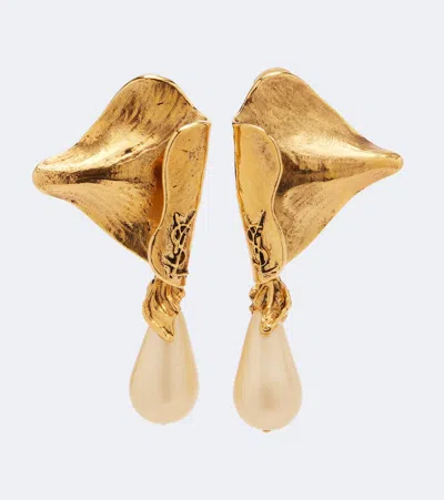 Saint Laurent Cassandre Faux Pearl Clip-on Earrings In Gold