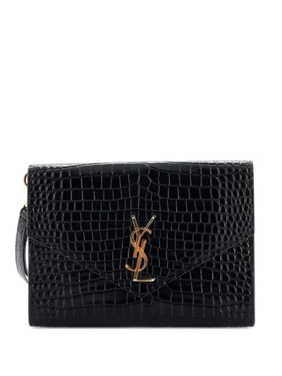 Pre-owned Saint Laurent Cassandre Flap Envelope Wristlet Pouch Crocodile Embossed Leather Clutch Bag In Black
