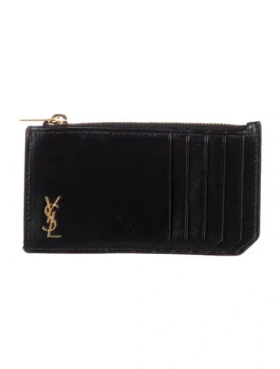 Pre-owned Saint Laurent Cassandre Fragments Card Holder Leather Card Holder In Black