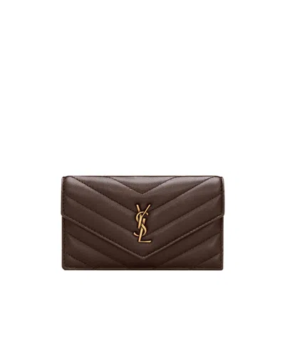 Saint Laurent Cassandre Fragments Flap Card Case In Lambskin In Brown