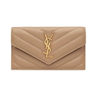 Pre-owned Saint Laurent Cassandre Fragments Flap Card Case In Lambskin 'natural Tan' | Women's Size Onesize In Brown