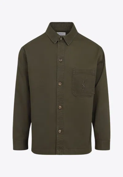 Saint Laurent Solferino Cotton Gabardine Overshirt With Cassandre Logo In Brown