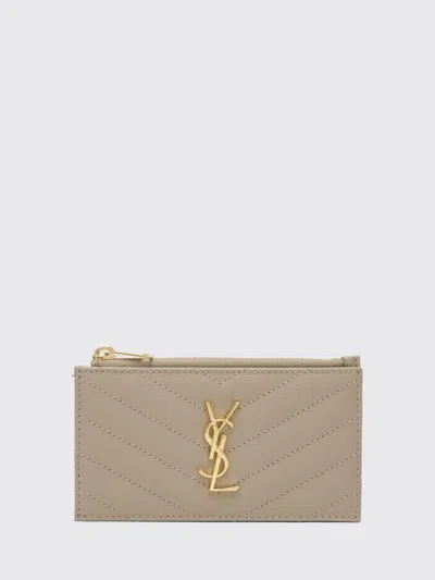 Saint Laurent Cassandre Grain De Poudre Leather Credit Card Holder In Brown