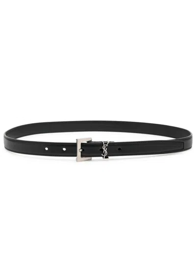 Saint Laurent Cassandre Grained Leather Belt In Black
