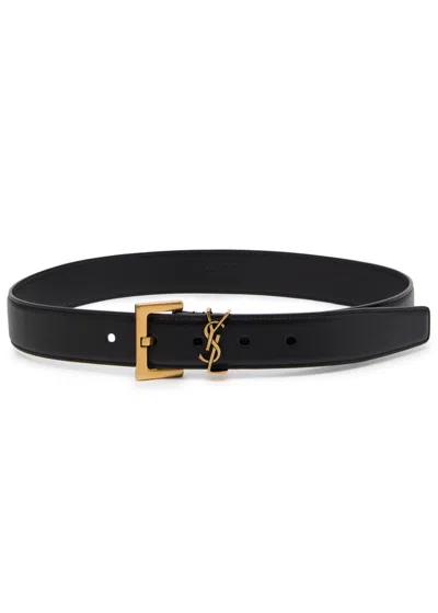 Saint Laurent Cassandre Grained Leather Belt In Black