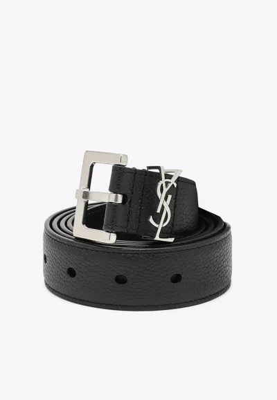 Saint Laurent Cassandre Grained Leather Belt In Black
