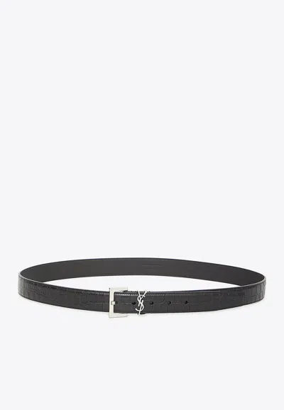 Saint Laurent Cassandre Grained Leather Belt In Black