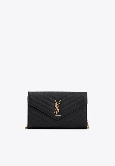 Saint Laurent Cassandre Grained Leather Chain Clutch In Black